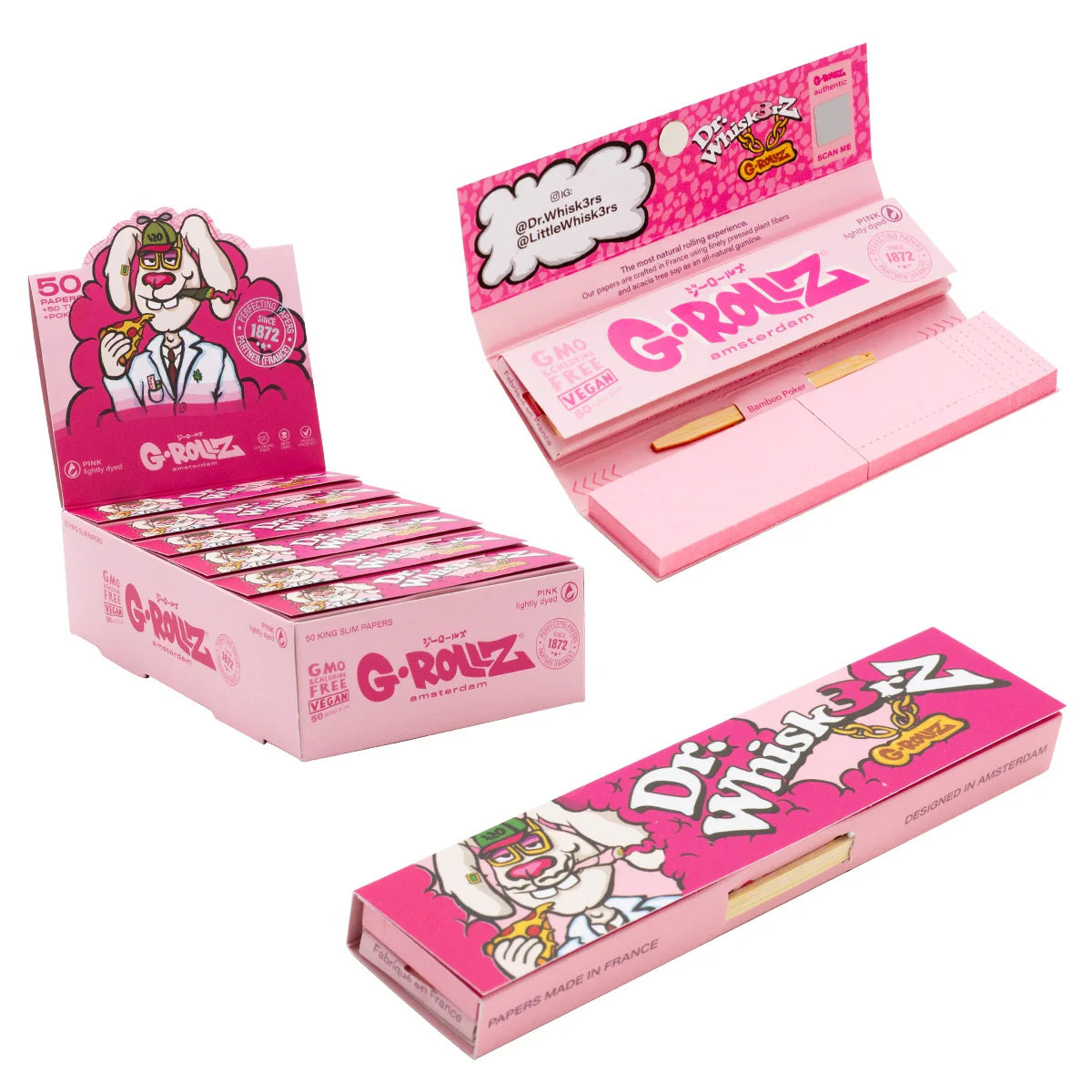 G-Rollz Dr. Whiskerz Pink Rolling Papers, Tips & Poker