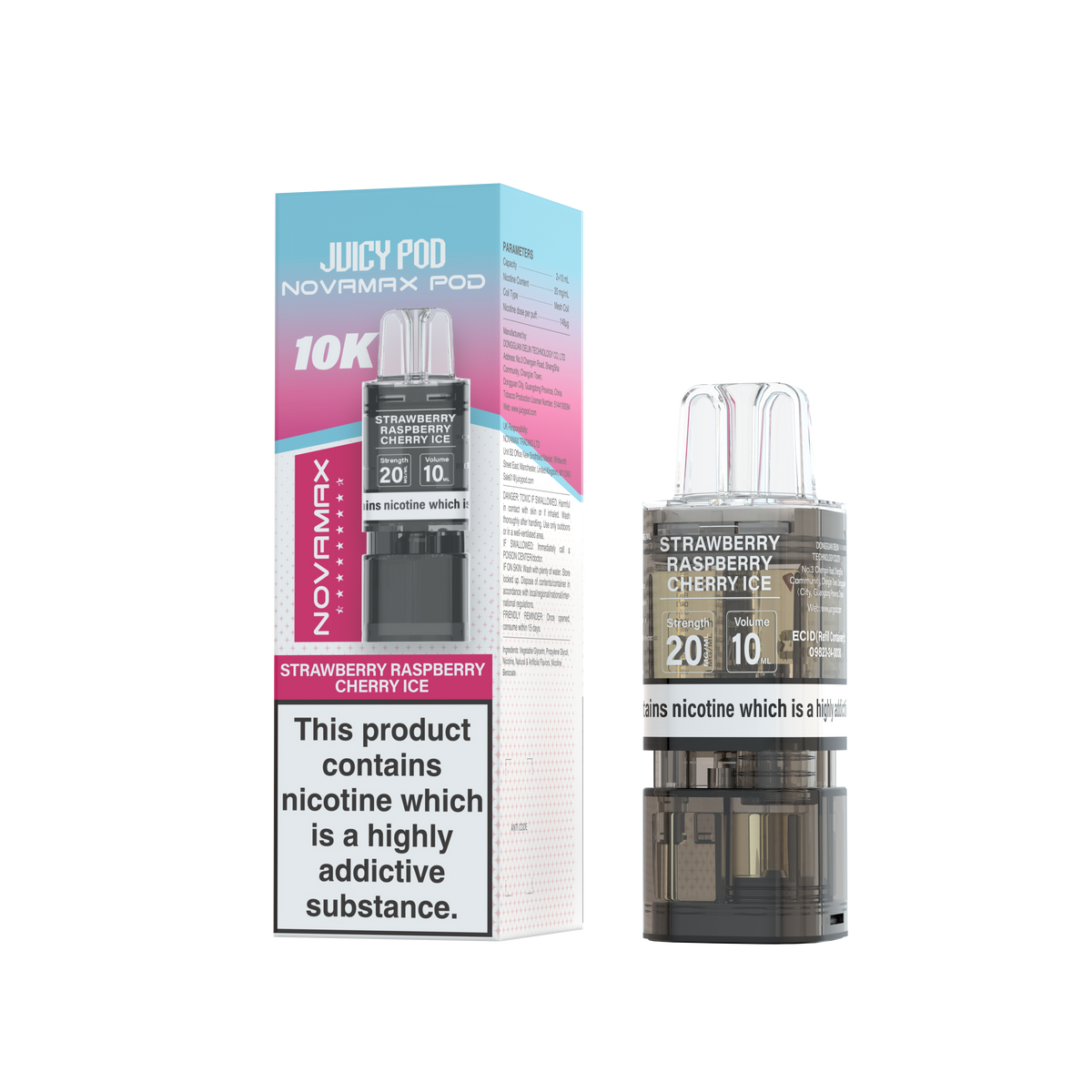 Novamax Juicy Pod 10K Strawberry Raspberry Cherry Ice Refill 2+10ml 20mg